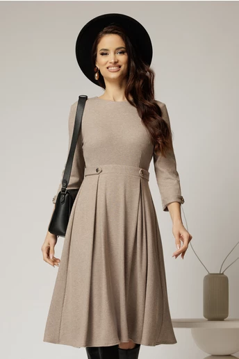 Rochie DY Fashion midi bej din tricot cu nasturi decorativi pe talie
