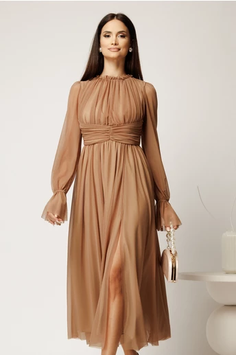 Rochie DY Fashion midi bej din tulle fin in clos cu crapatura pe picior