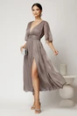 Rochie DY Fashion midi bej din voal in clos cu aspect sidefat si maneci sparte, 3, dyfashion.ro