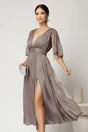 Rochie DY Fashion midi bej din voal in clos cu aspect sidefat si maneci sparte, 1, dyfashion.ro