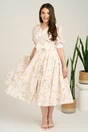 Rochie DY Fashion midi bej din voal in clos cu print floral si funda in talie, 1, dyfashion.ro