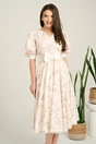 Rochie DY Fashion midi bej din voal in clos cu print floral si funda in talie, 4, dyfashion.ro
