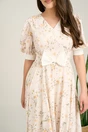 Rochie DY Fashion midi bej din voal in clos cu print floral si funda in talie, 3, dyfashion.ro