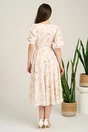 Rochie DY Fashion midi bej din voal in clos cu print floral si funda in talie, 2, dyfashion.ro