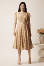 Rochie DY Fashion midi bej in clos cu imprimeuri albe si curea in talie, 3, dyfashion.ro