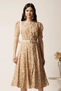 Rochie DY Fashion midi bej in clos cu imprimeuri albe si curea in talie, 1, dyfashion.ro