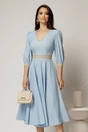 Rochie DY Fashion midi bleu cu banda decorativa pe talie si mansete, 1, dyfashion.ro