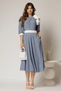 Rochie DY Fashion midi bleu cu buline si funda ampla pe umar, 3, dyfashion.ro