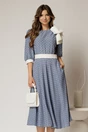 Rochie DY Fashion midi bleu cu buline si funda ampla pe umar, 1, dyfashion.ro