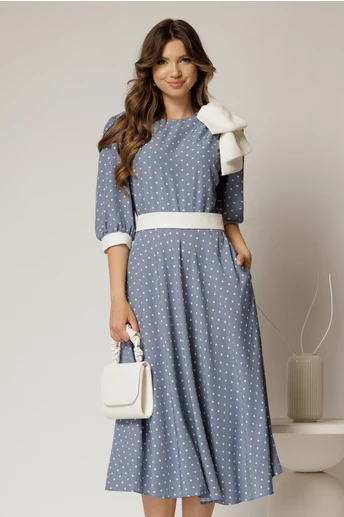 Rochie DY Fashion midi bleu cu buline si funda ampla pe umar