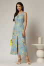 Rochie DY Fashion midi bleu cu imprimeuri din in cu nasturi pe bust fara maneci, 3, dyfashion.ro