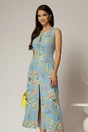 Rochie DY Fashion midi bleu cu imprimeuri din in cu nasturi pe bust fara maneci, 1, dyfashion.ro