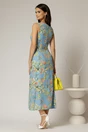 Rochie DY Fashion midi bleu cu imprimeuri din in cu nasturi pe bust fara maneci, 2, dyfashion.ro