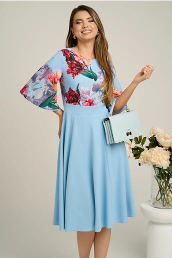 Rochie DY Fashion midi din crep bleu cu imprimeuri pe bust
