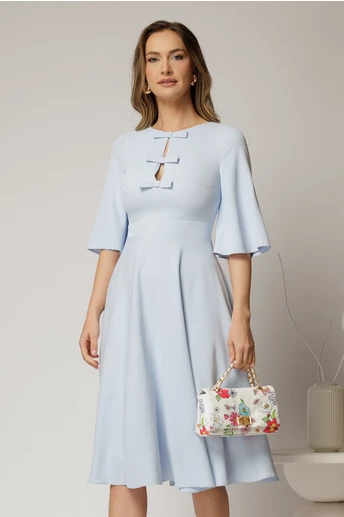 Rochie DY Fashion midi bleu cu maneci evazate si funde pe bust