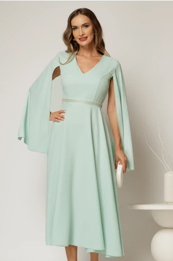 Rochie DY Fashion midi bleu cu maneci lungi crapate si aplicatii in talie