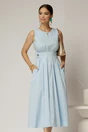 Rochie DY Fashion midi bleu din bumbac cu nasturi si cusaturi pe talie, 1, dyfashion.ro
