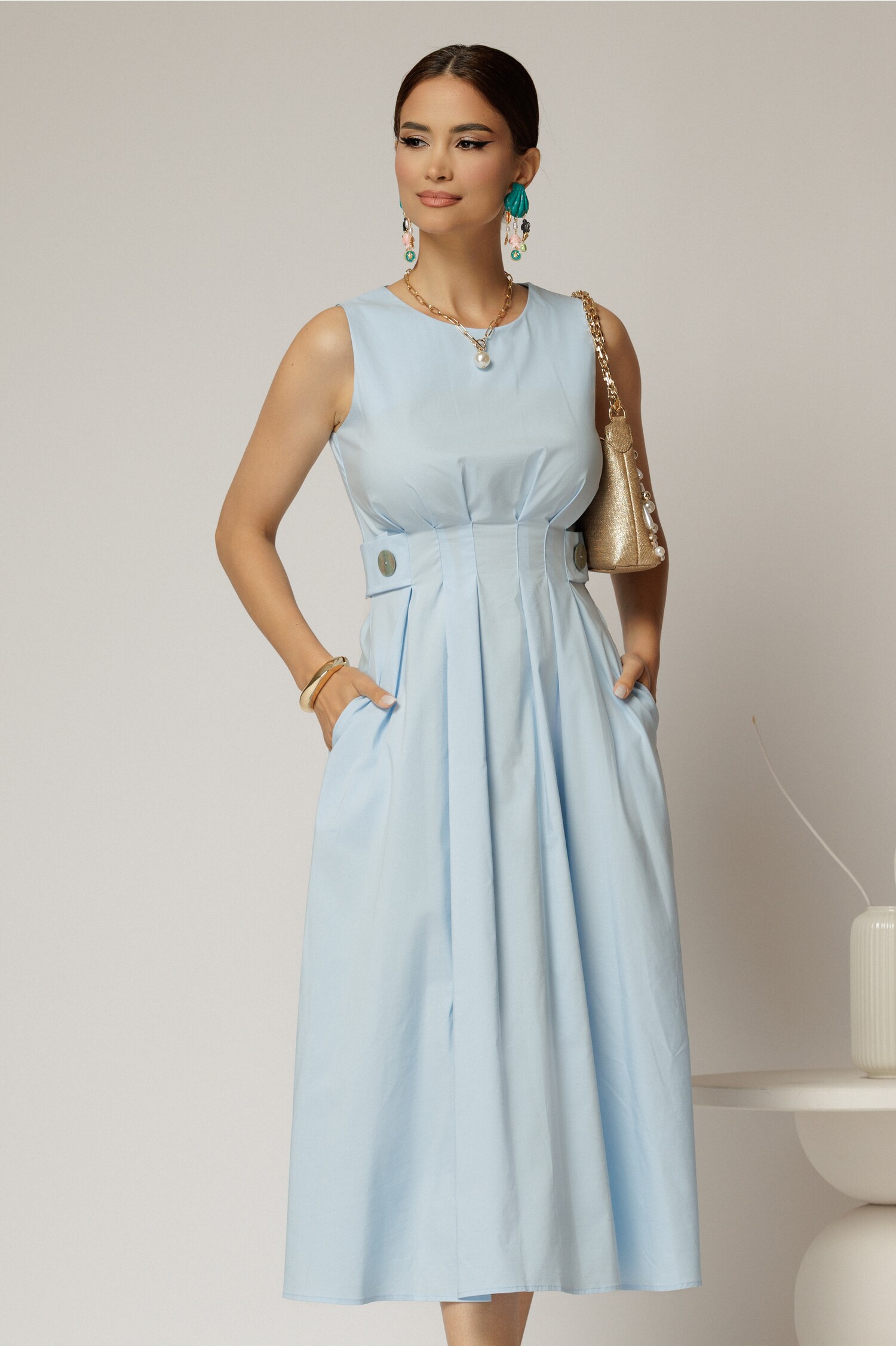 Rochie DY Fashion midi bleu din bumbac cu nasturi si cusaturi pe talie