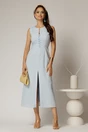 Rochie DY Fashion midi bleu din in cu nasturi pe bust fara maneci, 3, dyfashion.ro