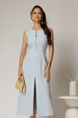 Rochie DY Fashion midi bleu din in cu nasturi pe bust fara maneci, 1, dyfashion.ro