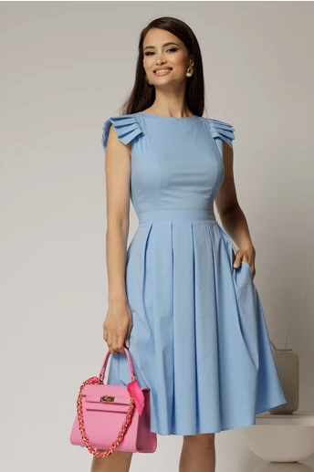 Rochie DY Fashion midi bleu din poplin in clos cu volane la umeri