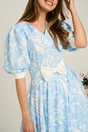 Rochie DY Fashion midi bleu din satin in clos cu print alb si funda in talie, 2, dyfashion.ro