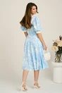 Rochie DY Fashion midi bleu din satin in clos cu print alb si funda in talie, 3, dyfashion.ro
