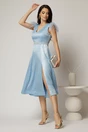 Rochie DY Fashion midi bleu din tafta cu pene la umeri, 3, dyfashion.ro