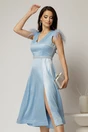 Rochie DY Fashion midi bleu din tafta cu pene la umeri, 1, dyfashion.ro