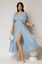 Rochie DY Fashion midi bleu din tull cu buline si funde ample pe umeri, 1, dyfashion.ro