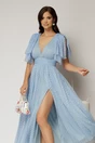 Rochie DY Fashion midi bleu din tull cu buline si funde ample pe umeri, 3, dyfashion.ro