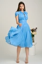 Rochie DY Fashion midi bleu din voal in clos cu accesoriu si decupaj la decolteu, 4, dyfashion.ro