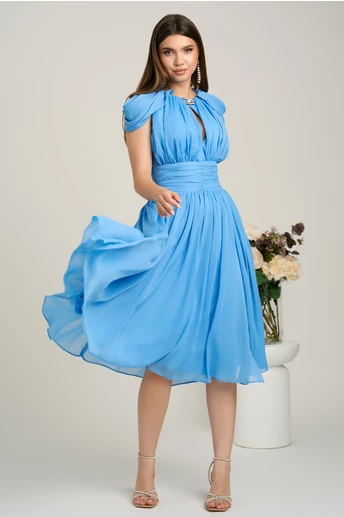 Rochie DY Fashion midi bleu din voal in clos cu accesoriu si decupaj la decolteu