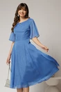 Rochie DY Fashion midi bleu din voal in clos cu fir lurex si accesoriu la decolteu, 1, dyfashion.ro