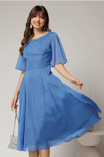 Rochie DY Fashion midi bleu din voal in clos cu fir lurex si accesoriu la decolteu