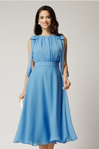 Rochie DY Fashion midi bleu din voal in clos cu funde la umeri