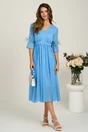 Rochie DY Fashion midi bleu din voal in clos cu pene la maneci si accesoriu in talie, 1, dyfashion.ro