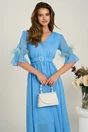 Rochie DY Fashion midi bleu din voal in clos cu pene la maneci si accesoriu in talie, 4, dyfashion.ro
