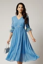 Rochie DY Fashion midi bleu din voal in clos cu pene la maneci si accesoriu in talie, 1, dyfashion.ro