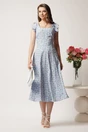 Rochie DY Fashion midi bleu in clos cu floricele roz si volane la maneci, 3, dyfashion.ro