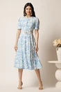 Rochie DY Fashion midi bleu in clos cu imprimeuri albe si curea in talie, 3, dyfashion.ro