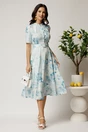 Rochie DY Fashion midi bleu in clos din rayon cu imprimeu floral si curea in talie, 3, dyfashion.ro