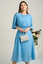 Rochie DY Fashion midi bleu in clos din voal cu accesorii pe umeri, 1, dyfashion.ro