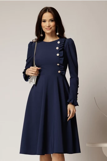 Rochie DY Fashion midi bleumarin cu nasturi si volanase la bust
