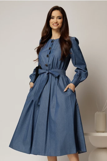 Rochie DY Fashion midi bleumarin din bumbac cu nasturi pe bust si cordon in talie