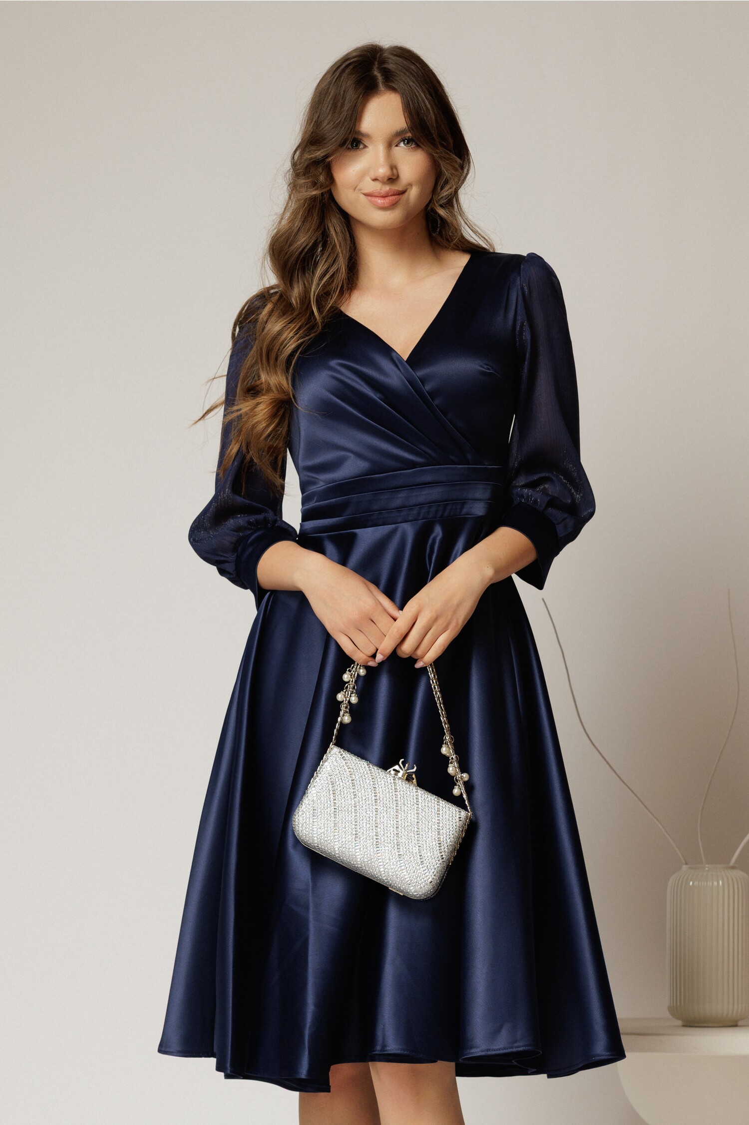 Rochie DY Fashion midi bleumarin din tafta cu maneci din voal cu lurex