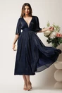 Rochie DY Fashion midi bleumarin din voal in clos cu tull la decolteu si crapatura pe picior, 3, dyfashion.ro