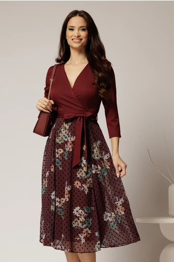 Rochie DY Fashion midi bordo cu decolteu petrecut si fusta din voal imprimat