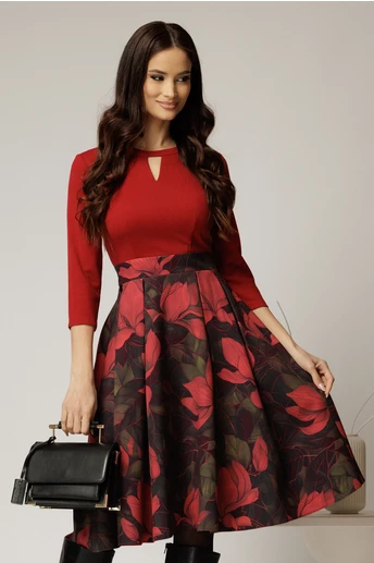 Rochie DY Fashion midi bordo cu imprimeu si decupaj la decolteu