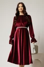 Rochie DY Fashion midi bordo din catifea cu perle pe talie, 1, dyfashion.ro